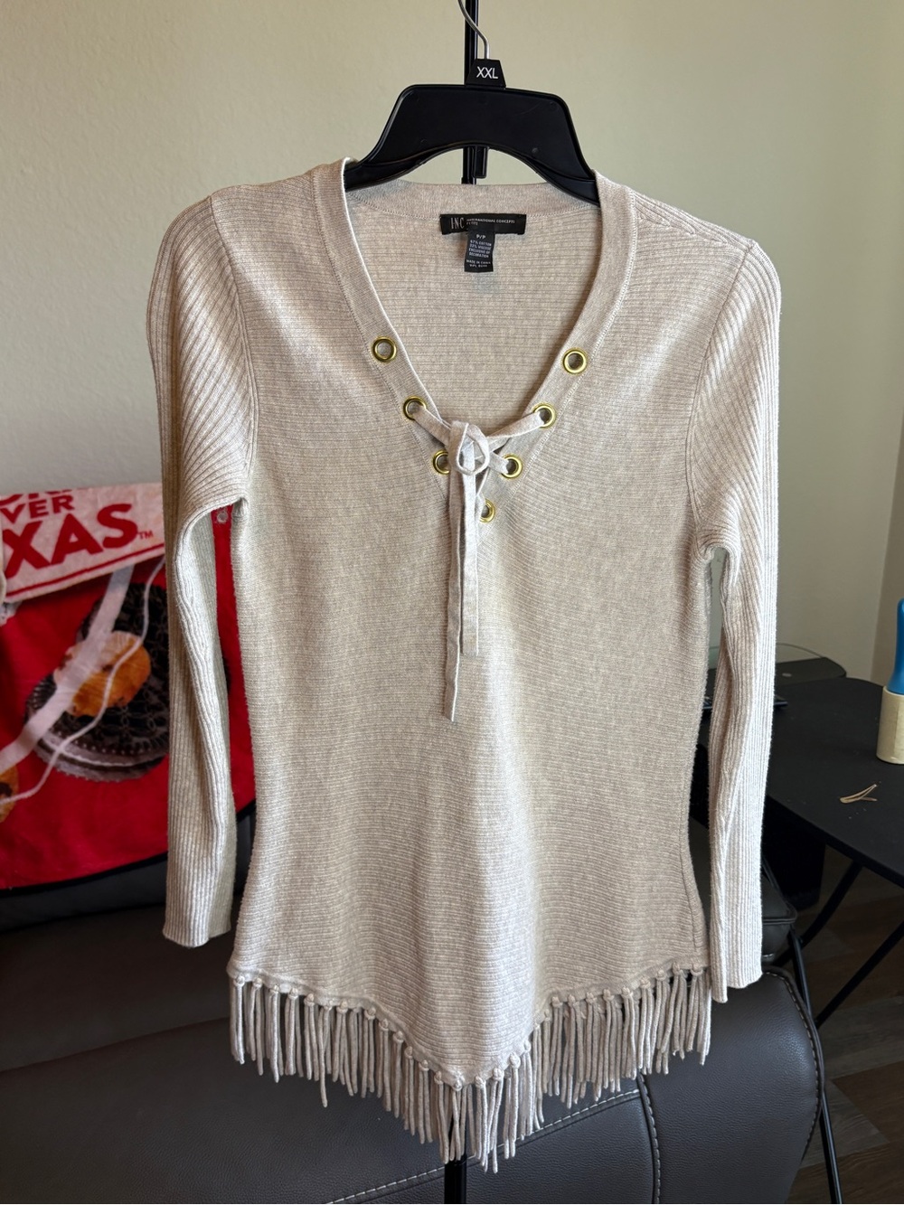 INC International Concepts Cream Lace-Up V-Neck Fringe Sweater - XS Petite